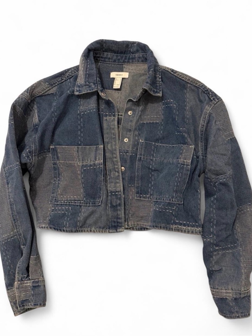 Patchwork Cropped Denim Jacket - Blue